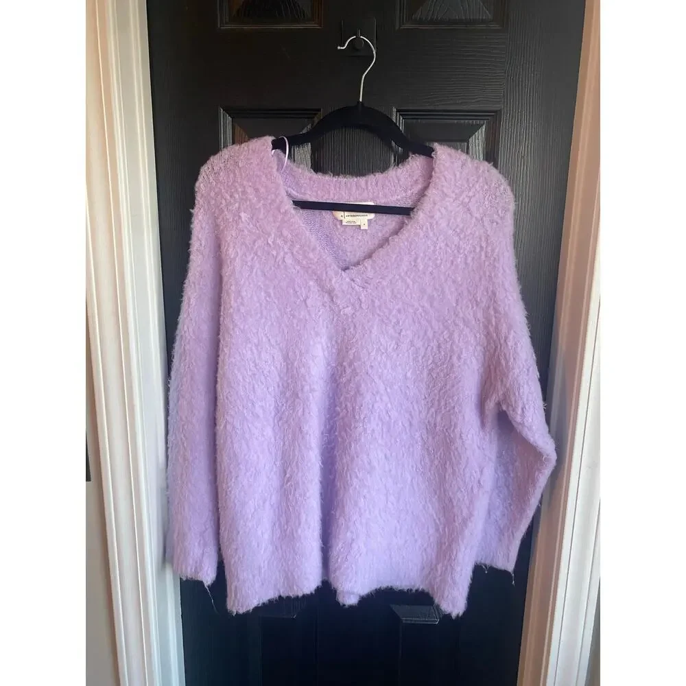 Anthropologie Simone Oversized Fuzzy Purple/Lavender V-Neck Sweater-Size S